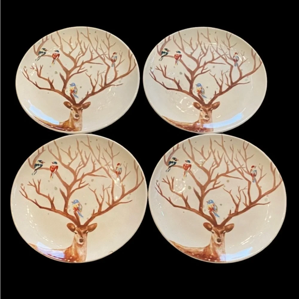 Pier 1 Alexander Deer and Bird Design Dinner Plates. 8.5” Diameter. Set of 4.